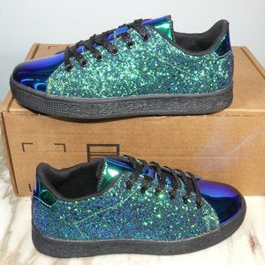 LUCKY STEP Glitter Lace-up Fashion Sneakers Sparkly Shoes 6B Green Hologram